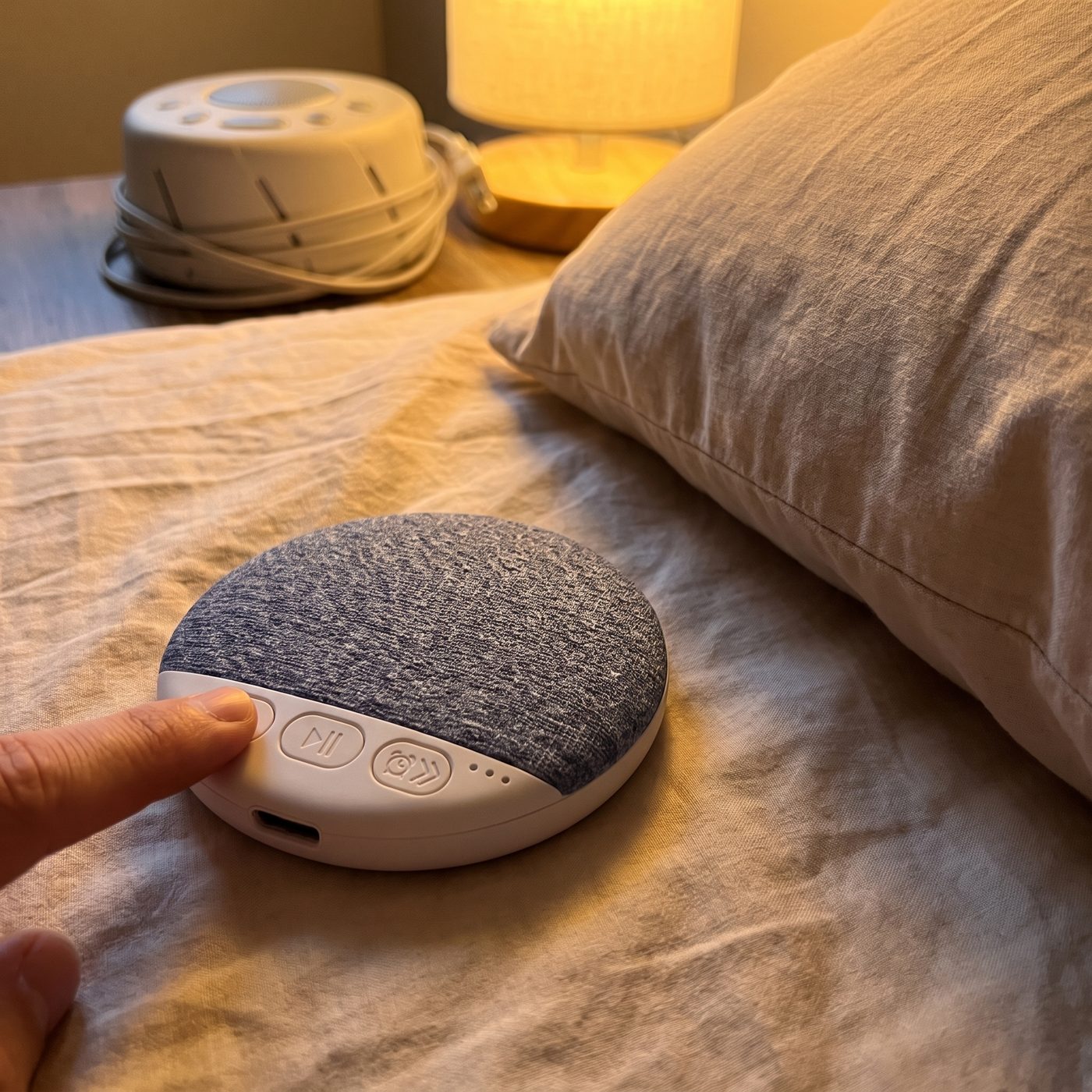 The thin Soluvia speaker on a bed, a thumb pressing its single button