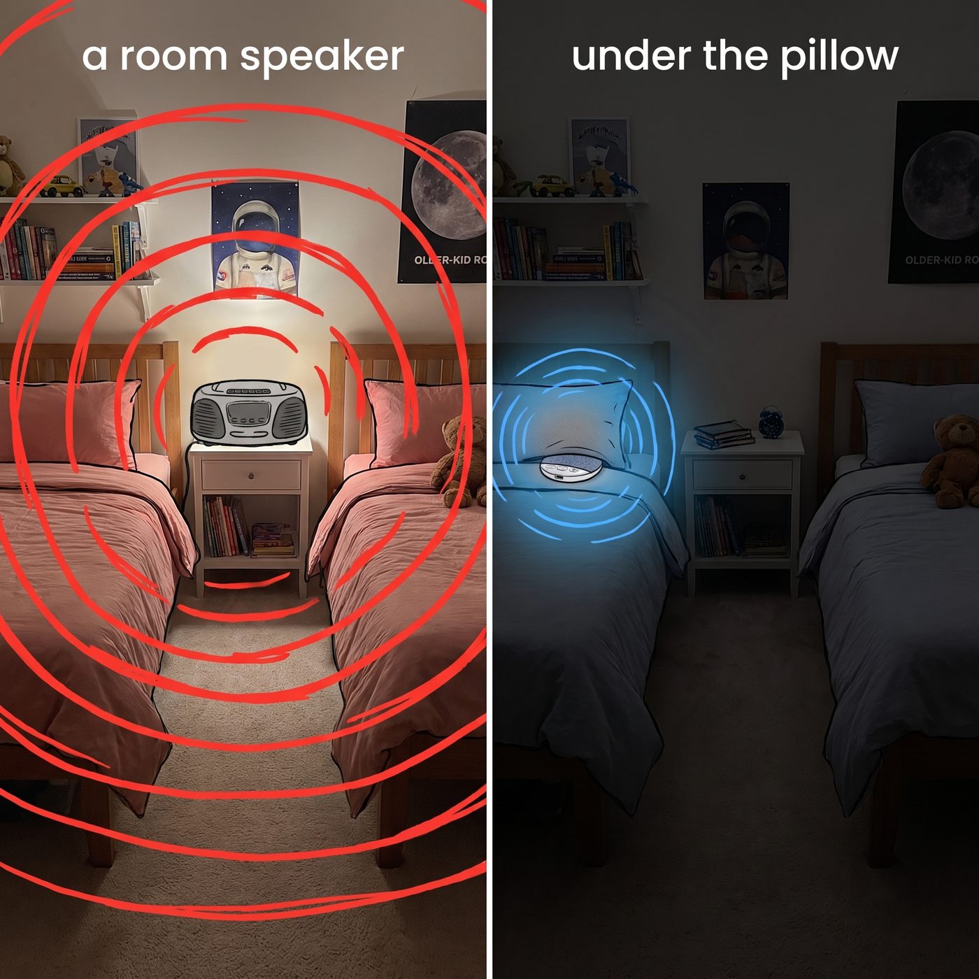 Side by side: a room speaker filling the room versus the pillow speaker staying with one child