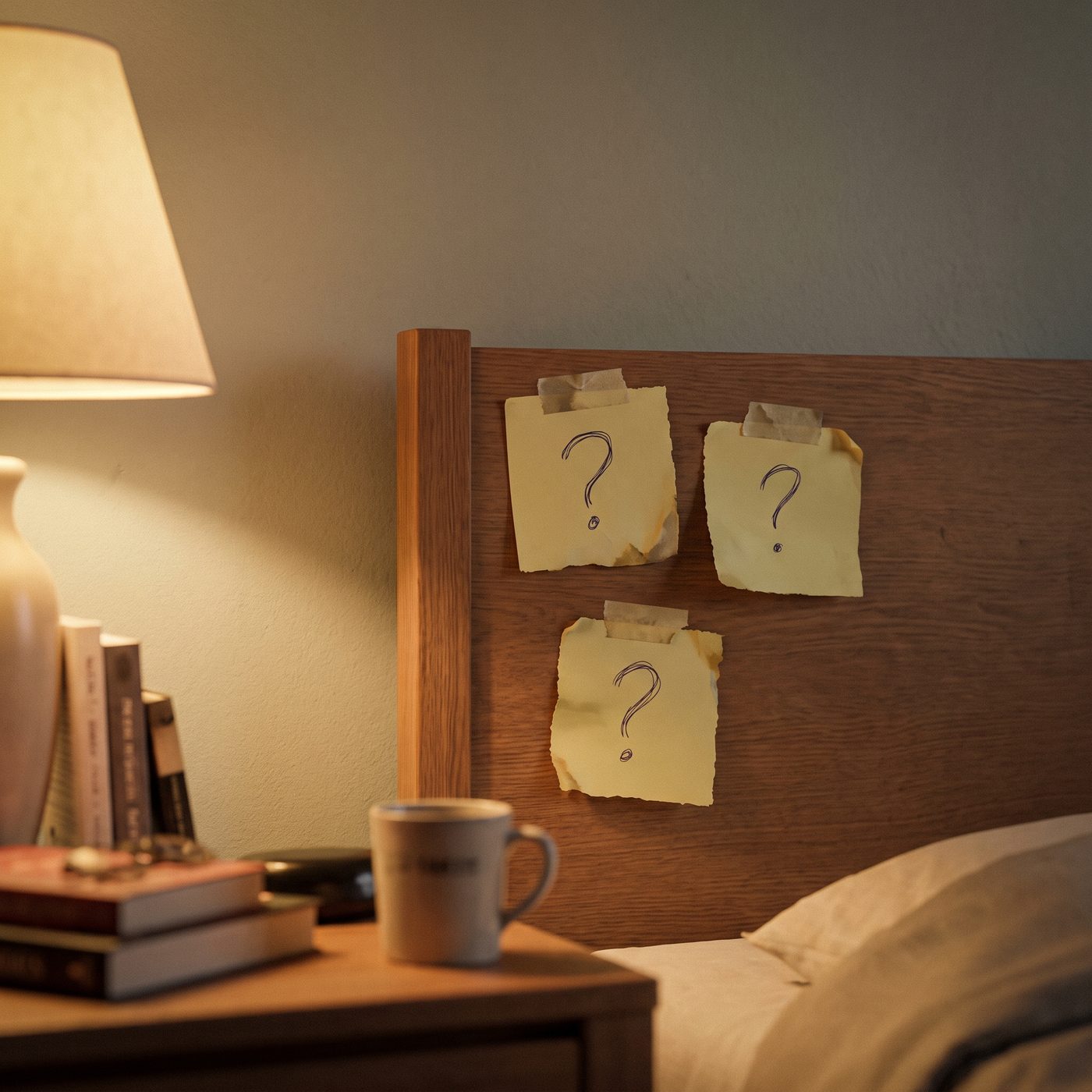 Three sticky notes with question marks on a headboard