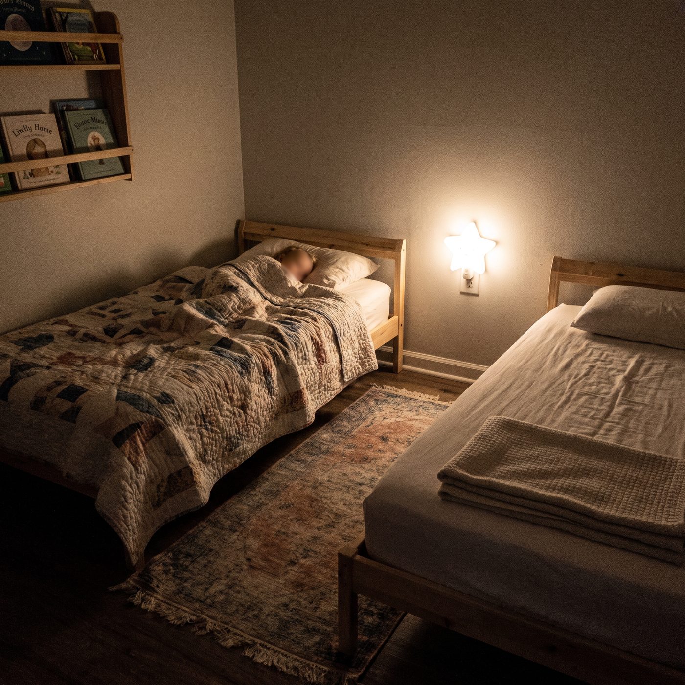 A calm shared kids' room at night, one child asleep, the other bed neatly made