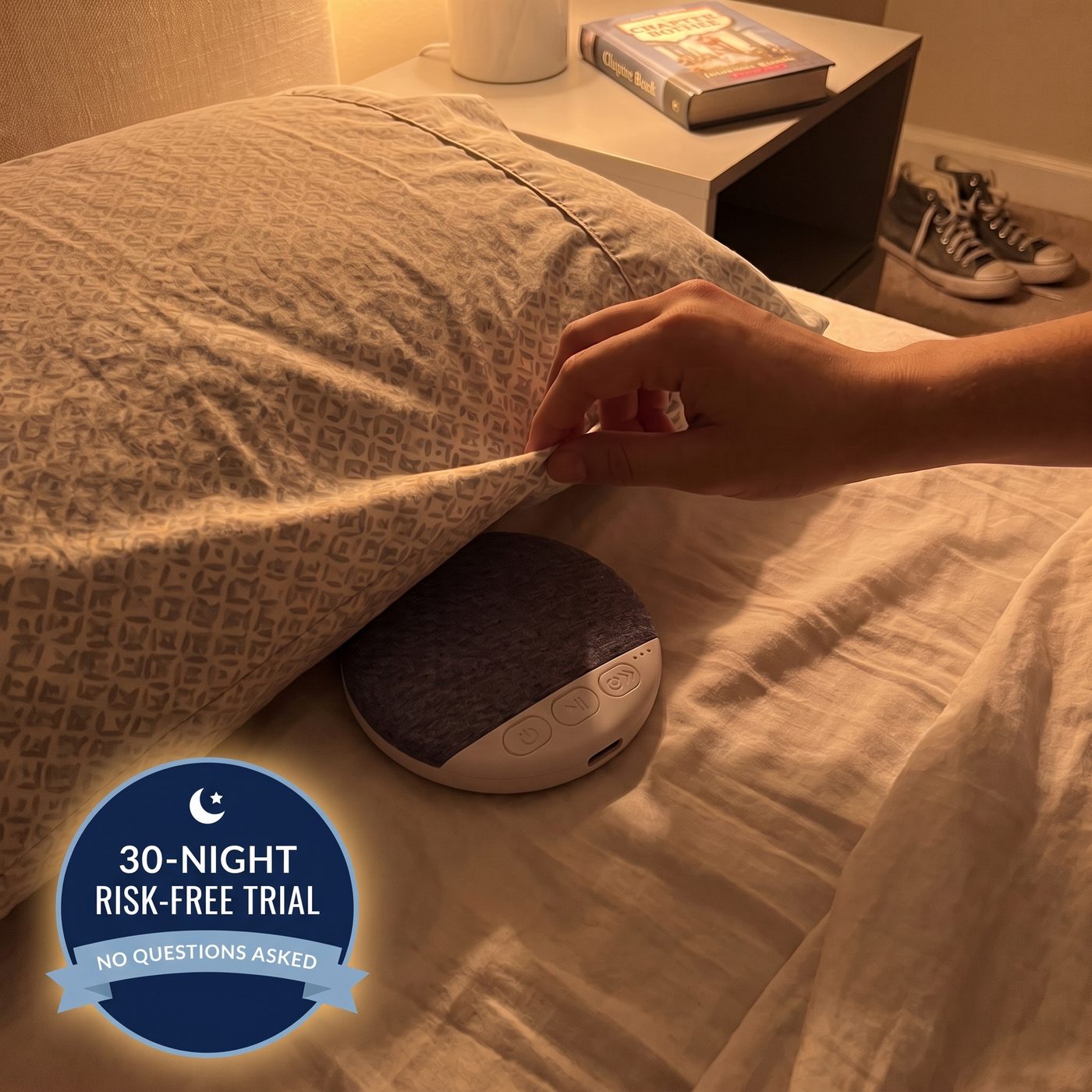The thin Soluvia speaker on a pillow in soft lamp light