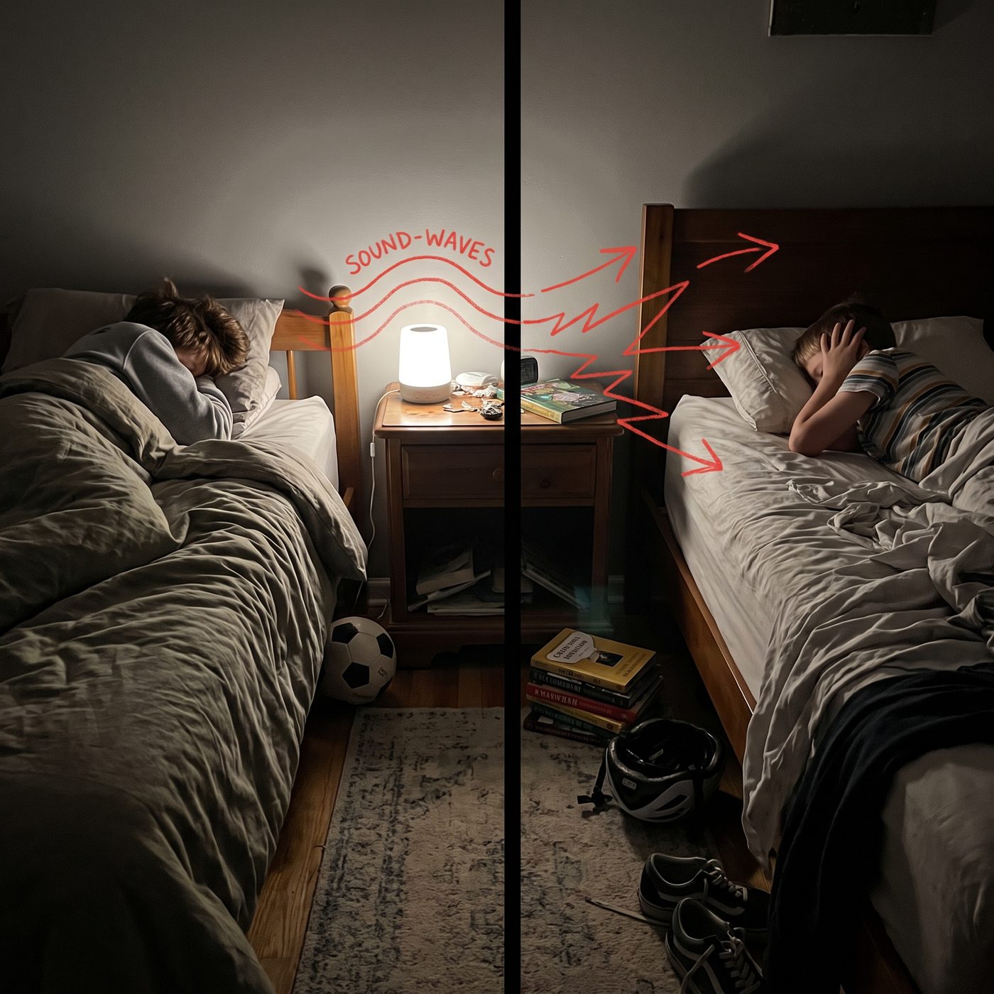 A shared kids' room where sound from one bed's machine spills across to the other