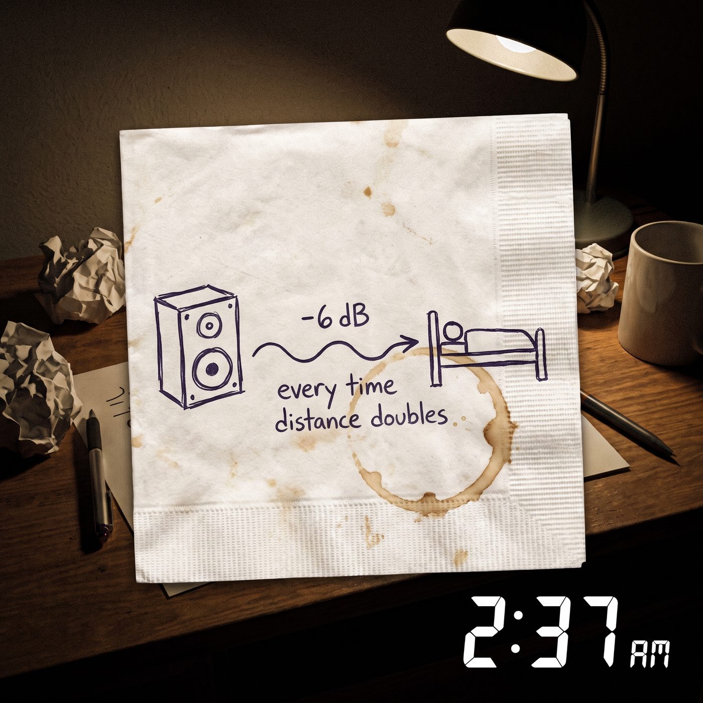 A napkin sketch: sound drops 6 decibels every time distance doubles