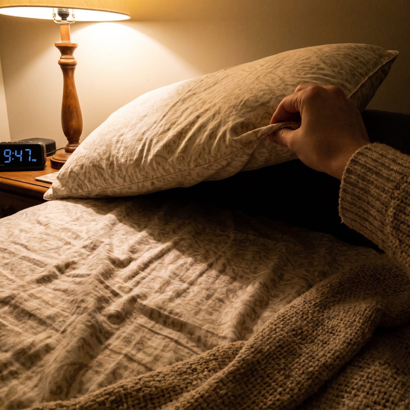 A hand lifting the corner of a pillow to reveal the space beneath